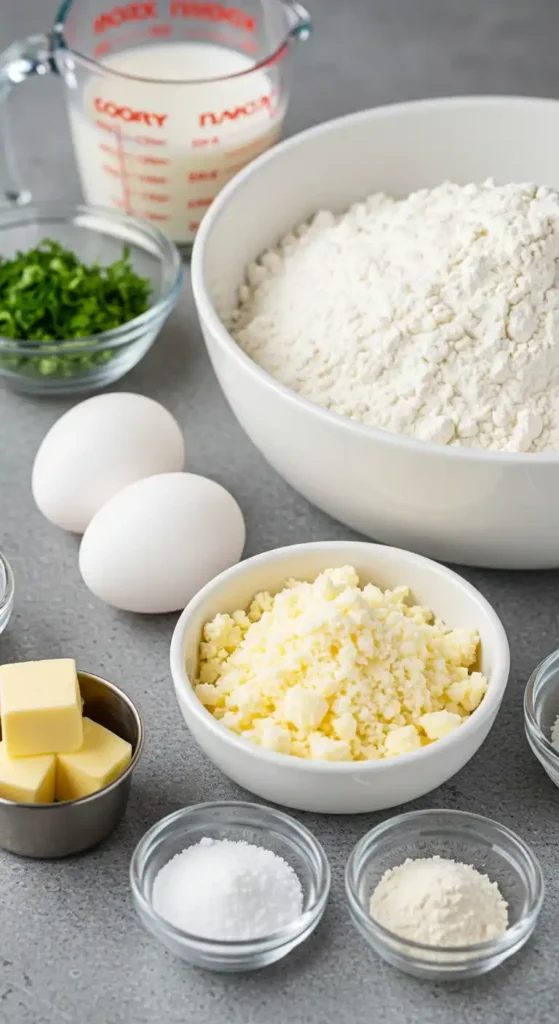 Ingrédients pour des muffins feta : farine, œufs, lait, beurre, feta, herbes et assaisonnements.