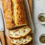 Vue plongeante d'un délicieux cake salé moelleux, tranché et présenté sur une planche à découper rustique avec du papier sulfurisé. On distingue clairement les dés de fromage et les tranches de jambon qui parsèment la mie aérée. À côté, un verre de vin blanc et deux petits bols contenant des herbes aromatiques complètent cette composition gourmande
