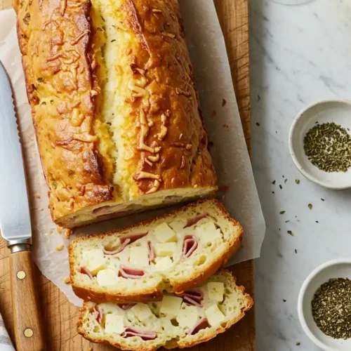 Vue plongeante d'un délicieux cake salé moelleux, tranché et présenté sur une planche à découper rustique avec du papier sulfurisé. On distingue clairement les dés de fromage et les tranches de jambon qui parsèment la mie aérée. À côté, un verre de vin blanc et deux petits bols contenant des herbes aromatiques complètent cette composition gourmande
