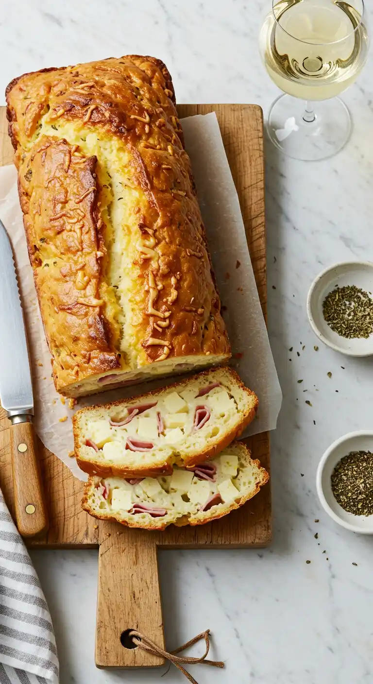 Vue plongeante d'un délicieux cake salé moelleux, tranché et présenté sur une planche à découper rustique avec du papier sulfurisé. On distingue clairement les dés de fromage et les tranches de jambon qui parsèment la mie aérée. À côté, un verre de vin blanc et deux petits bols contenant des herbes aromatiques complètent cette composition gourmande