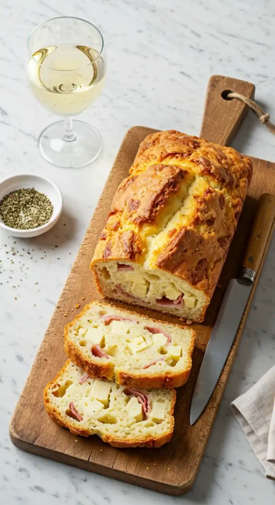 Cake salé moelleux avec du jambon et du fromage, présenté sur une planche à découper en bois.