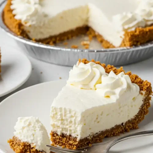 Gros plan d'une part de cheesecake crémeux, préparé selon une recette cheesecake léger comme un nuage, avec une fourchette, et le reste du gâteau en arrière-plan.