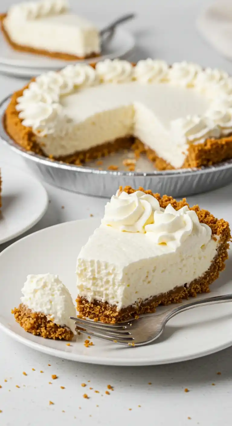 Gros plan d'une part de cheesecake crémeux, préparé selon une recette cheesecake léger comme un nuage, avec une fourchette, et le reste du gâteau en arrière-plan.