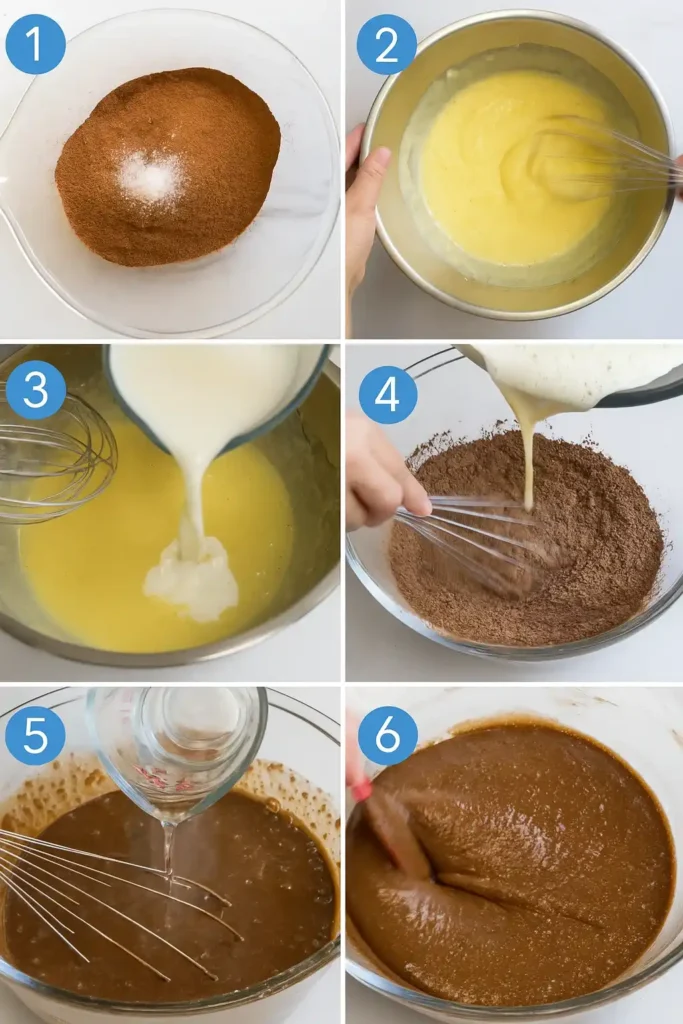 Montage photo illustrant les étapes de préparation d'un gâteau sans beurre au chocolat : mélange des ingrédients secs, puis ajout des ingrédients liquides et mélange progressif pour obtenir une pâte homogène.