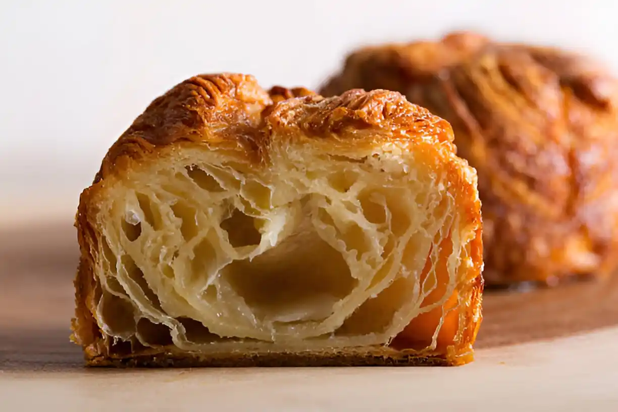 Gros plan d'un kouign amann coupé en deux, révélant la texture feuilletée et aérée de la pâte. L'intérieur est clair et beurré, tandis que l'extérieur est doré et croustillant, typique de cette spécialité bretonne, faisant ressortir le côté gourmand du kouign amann. Un autre kouign amann flou est visible en arrière plan.