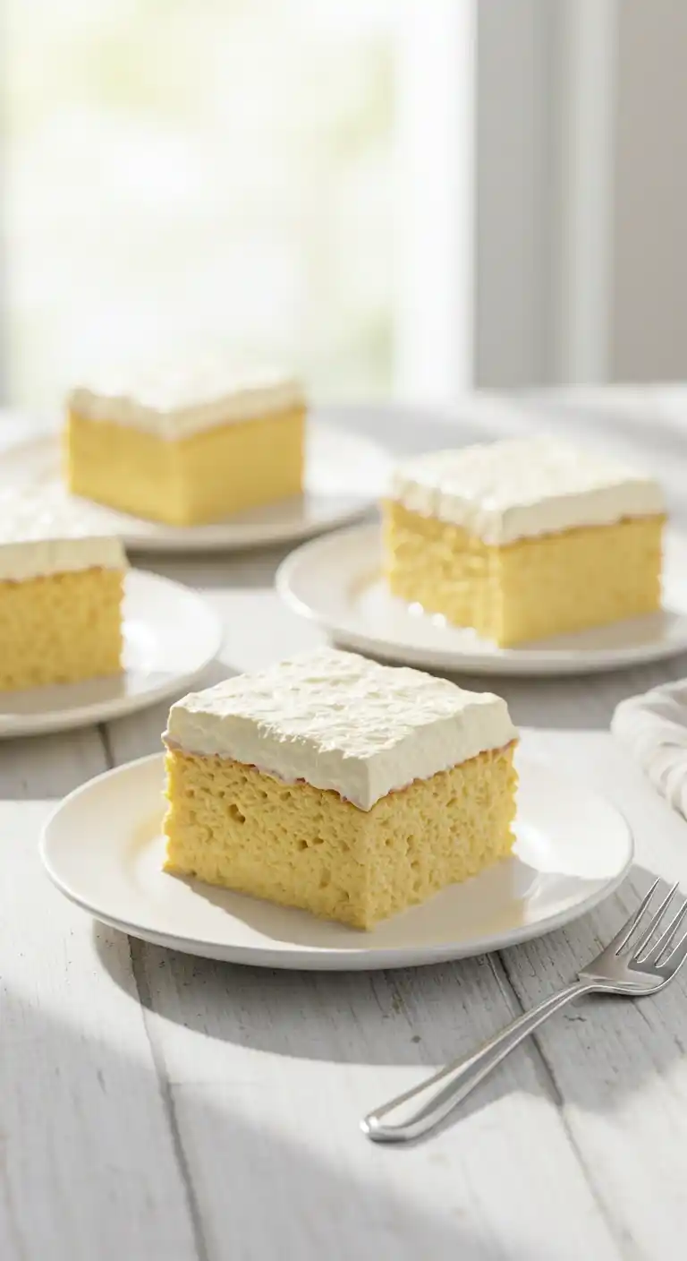Quatre portions de gâteau nuage sans sucre individuel, présentées sur des assiettes blanches. Le gâteau a une texture spongieuse et est recouvert d'une généreuse couche de crème fouettée blanche. Une fourchette est placée à côté de l'assiette au premier plan.