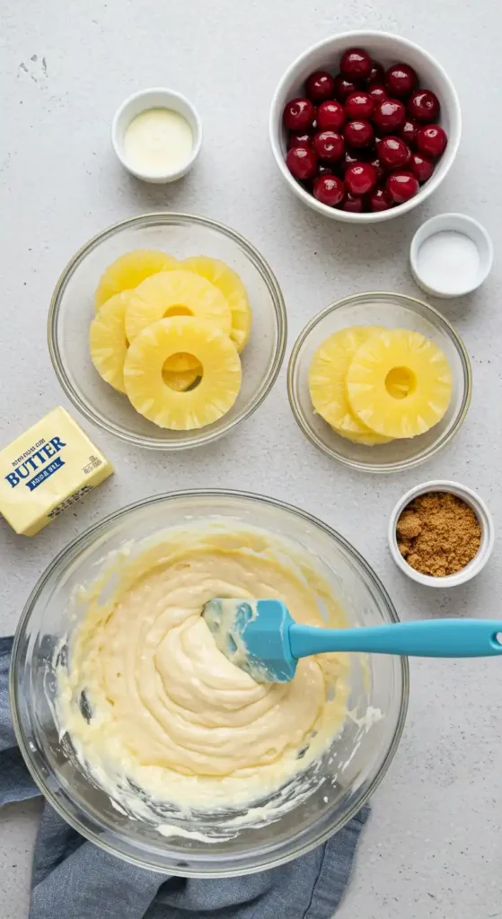 Vue de dessus des ingrédients avant de faire un ananas gâteau renversé.