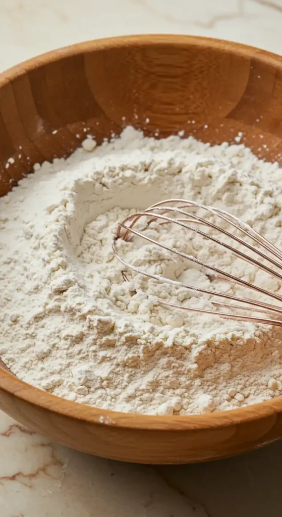 Une vue rapprochée d'un bol en bois rempli de farine, avec un fouet métallique reposant au centre, prêt à être utilisé, potentiellement pour une recette de gâteau, comme un chocolat en poudre gateau.