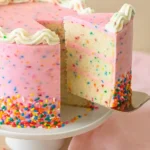Gâteau anniversaire fille avec une part coupée, révélant l'intérieur coloré.