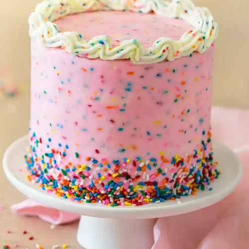 Gâteau anniversaire fille, rose avec des confettis colorés et glaçage blanc.