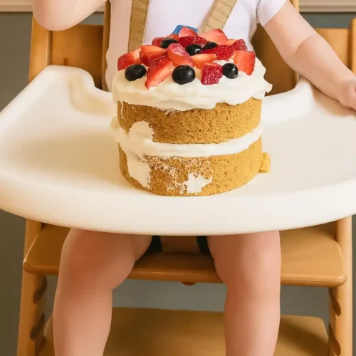Un adorable bébé en chaise haute, prêt à déguster son gateau 1 an, garni de crème et de fruits frais comme des fraises et des myrtilles.