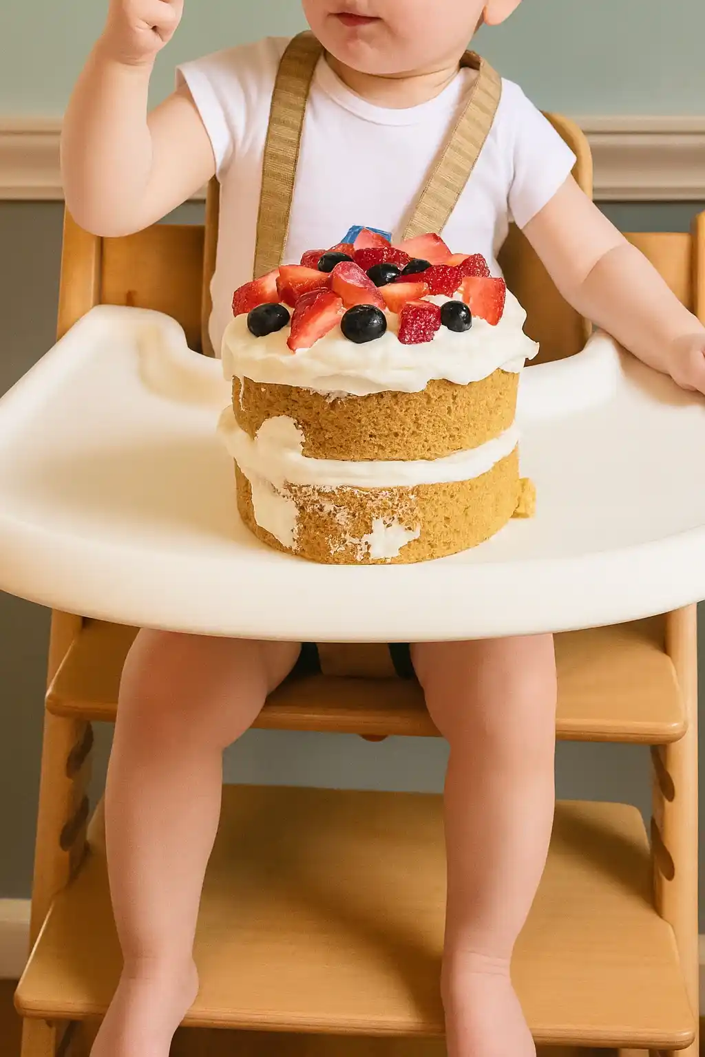 Un adorable bébé en chaise haute, prêt à déguster son gateau 1 an, garni de crème et de fruits frais comme des fraises et des myrtilles.