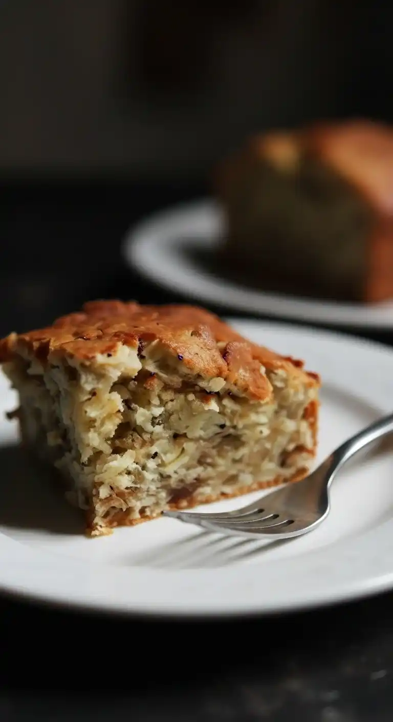 Un morceau de gâteau flocon d'avoine doré, servi sur une assiette blanche avec une fourchette. La texture du gâteau est visible, avec une croûte légèrement croustillante et un intérieur moelleux. Un autre morceau de gâteau est flou en arrière-plan.