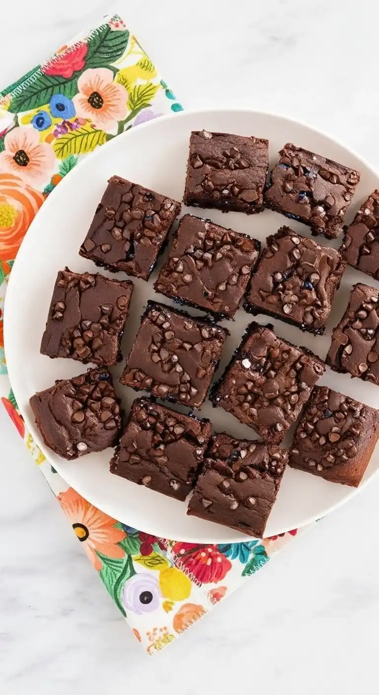 Un plateau rempli de parts de gâteau au chocolat, décorées de pépites de chocolat, présentées sur une serviette fleurie, une idée parfaite pour un gâteau goûter enfant réussi.
