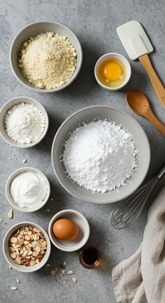 Vue de dessus d'ingrédients disposés pour la préparation d'un financier gâteau. On voit des bols de différents ingrédients, un œuf, une spatule et un fouet.