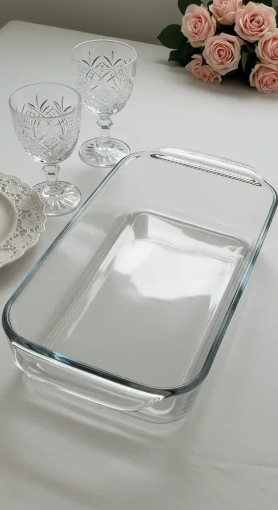 Une préparation avant la cuisson d'un gâteau fondant aux pommes à l'ancienne. Moule en verre vide sur une table.