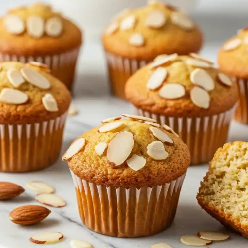 Gros plan sur des financiers gâteaux, garnis d'amandes effilées, avec une coupe transversale montrant la texture aérée.