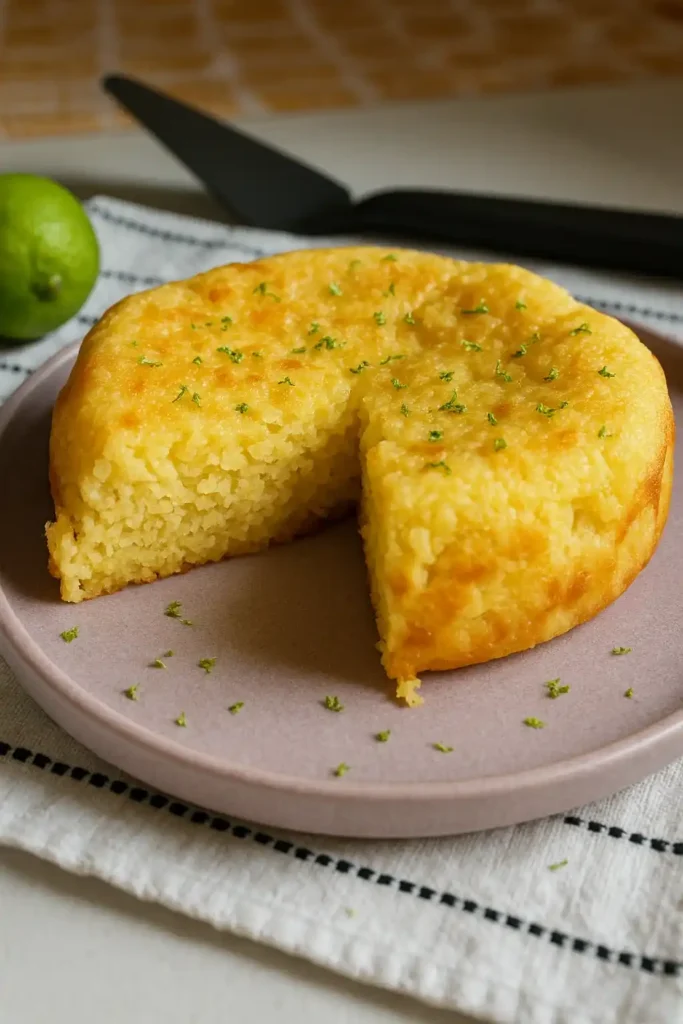 Un gâteau rond avec une tranche coupée est présenté sur une assiette rose. La texture du gâteau, qui semble être à base de riz, est visible. De petites herbes vertes sont éparpillées sur le dessus et autour de l'assiette. Un citron vert et une spatule noire sont visibles en arrière-plan. L'image pourrait illustrer un gâteau peu calorique, bien que sa nature industrielle ne soit pas confirmée visuellement.