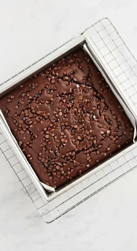 Un gâteau au chocolat avec des pépites de chocolat, fraîchement sorti du four, refroidit dans un moule carré posé sur une grille, idéal pour un gâteau goûter enfant.