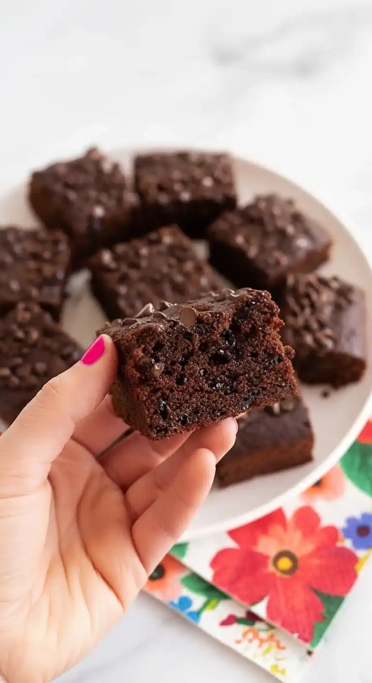 Une main tenant une part de gâteau au chocolat moelleux, avec un plateau rempli d'autres parts en arrière-plan, une idée gourmande pour un gâteau goûter enfant.