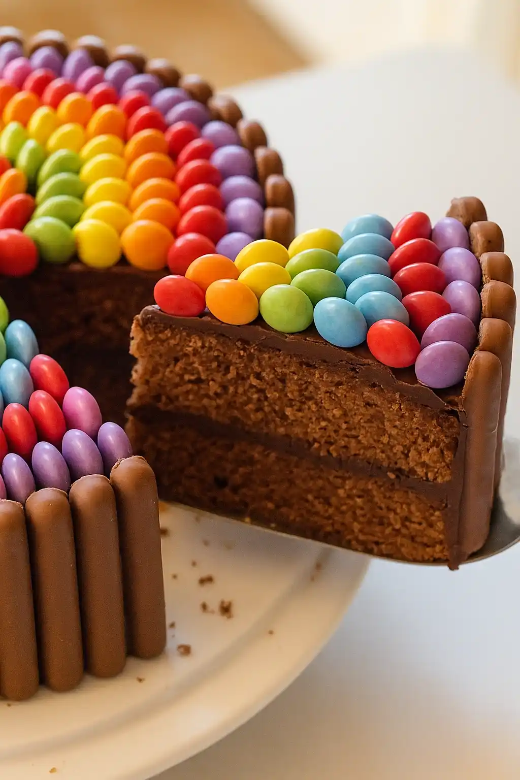Un délicieux gâteau Smarties est mis en évidence. Une tranche est soulevée, révélant un intérieur chocolaté avec un remplissage crémeux. Le dessus du gâteau est décoré d'une rangée colorée de Smarties disposés en arc-en-ciel, tandis que les côtés sont ornés de bâtonnets de chocolat.