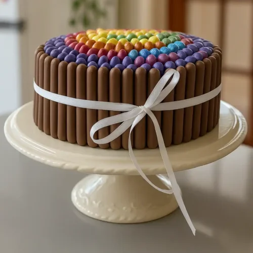 L'image présente un magnifique gâteau décoré, posé sur un présentoir élégant. Le dessus du gâteau est orné d'une mosaïque colorée de bonbons disposés en arc-en-ciel. Les côtés sont recouverts de bâtonnets de chocolat et le tout est entouré d'un ruban blanc noué en un joli nœud. L'ensemble crée un visuel appétissant et festif.