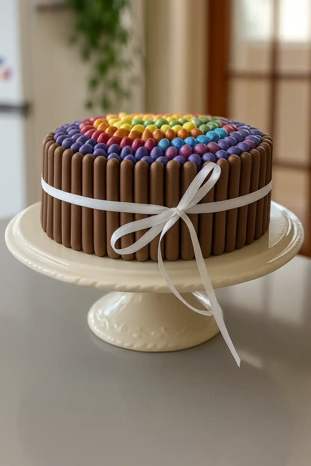 L'image présente un magnifique gâteau décoré, posé sur un présentoir élégant. Le dessus du gâteau est orné d'une mosaïque colorée de bonbons disposés en arc-en-ciel. Les côtés sont recouverts de bâtonnets de chocolat et le tout est entouré d'un ruban blanc noué en un joli nœud. L'ensemble crée un visuel appétissant et festif.