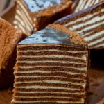 Gros plan de plusieurs tranches de gâteau russe multicouche avec glaçage au chocolat et saupoudrage de cacao, sur un plat en bois.