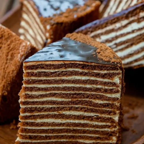 Gros plan de plusieurs tranches de gâteau russe multicouche avec glaçage au chocolat et saupoudrage de cacao, sur un plat en bois.