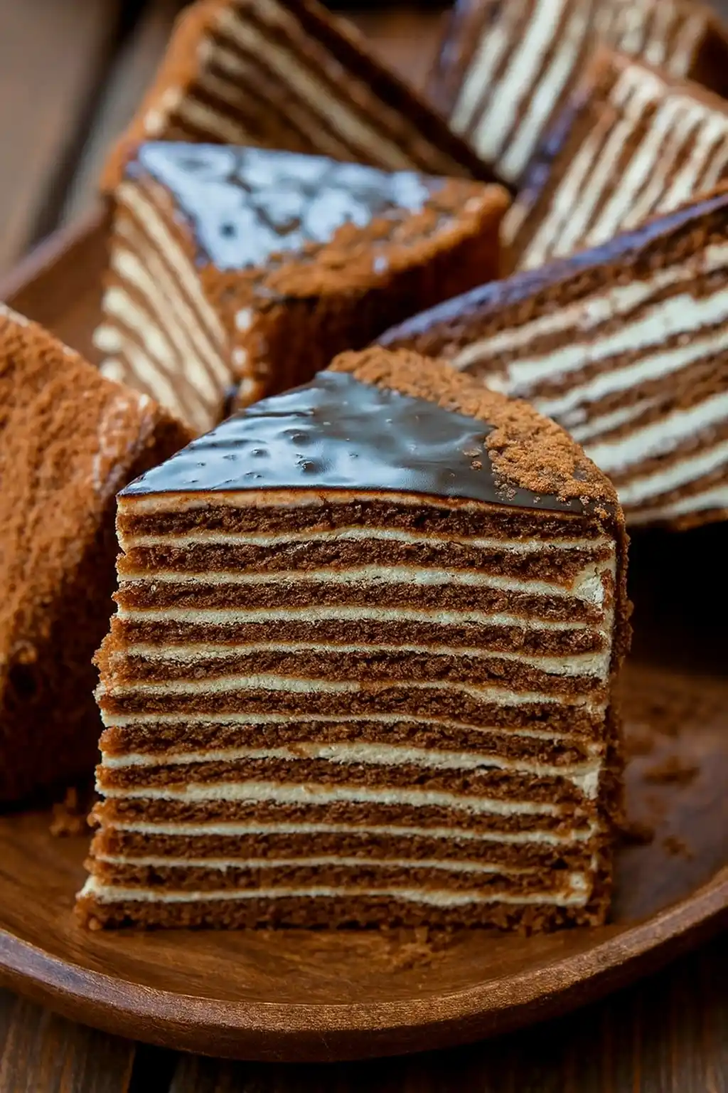 Gros plan de plusieurs tranches de gâteau russe multicouche avec glaçage au chocolat et saupoudrage de cacao, sur un plat en bois.