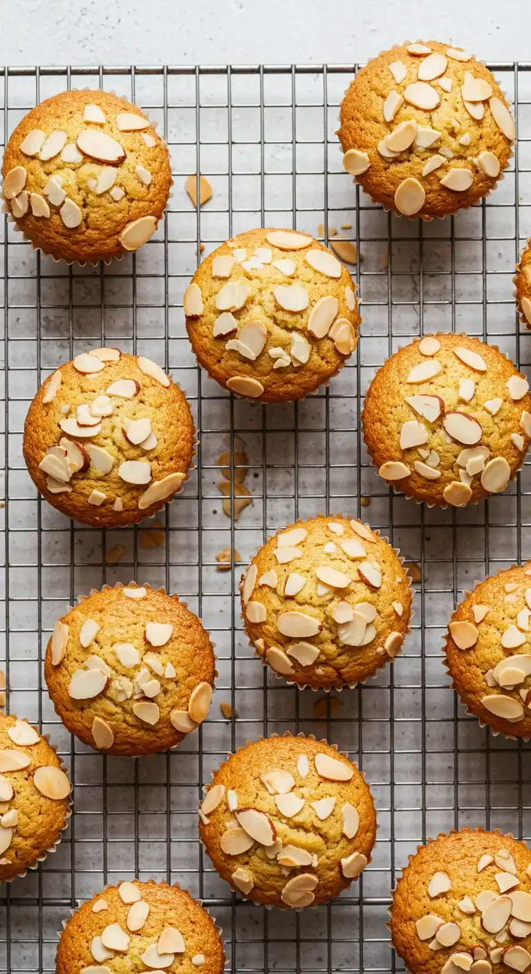 Vue de dessus de financiers gâteaux cuits, refroidissant sur une grille. Les gâteaux sont dorés et garnis d'amandes effilées.