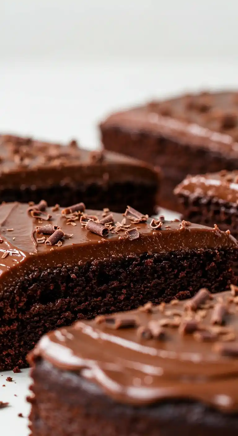 Des parts de chocolat en poudre gateau, généreusement nappées d'un glaçage au chocolat et décorées de copeaux de chocolat. Un dessert irrésistible.