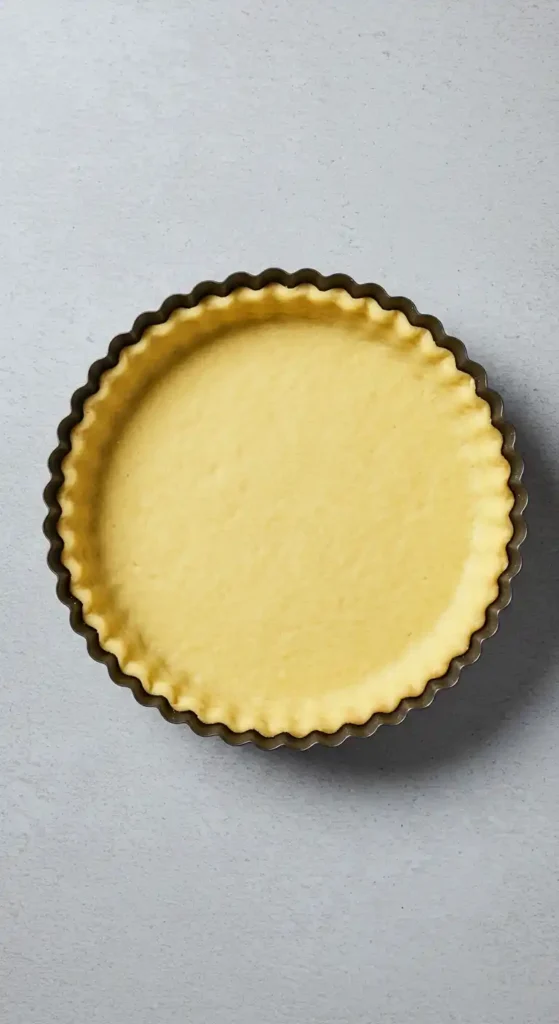 Une tartelette non cuite, prête à accueillir la garniture, est placée dans un moule à tarte cannelé sur une surface grise. Parfait pour préparer une délicieuse tarte mirabelle recette.