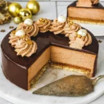 Un somptueux gâteau Trianon rond, orné de crème au chocolat, de perles décoratives et d'un glaçage chocolat brillant, est présenté sur un plateau en marbre blanc. Une tranche a été coupée, révélant les différentes couches : biscuit, croustillant praliné et mousse au chocolat. Des boules dorées et des étoiles décoratives ajoutent une touche festive. Un autre morceau de gâteau Trianon est visible à l'arrière-plan.