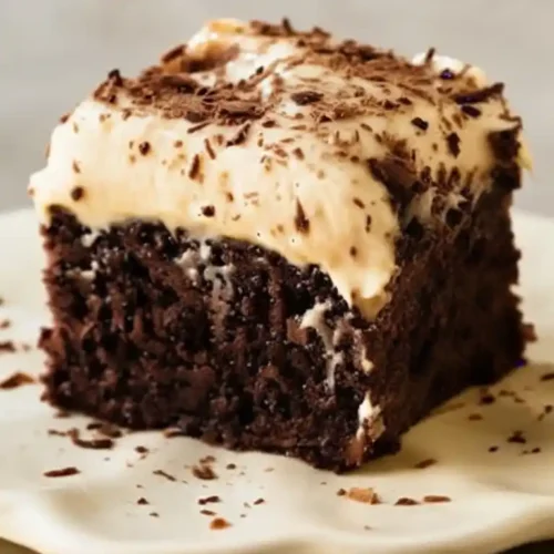 Un délicieux carré de gateau au chocolat, nappé d'une crème onctueuse et décoré de copeaux de chocolat, présenté sur une assiette.
