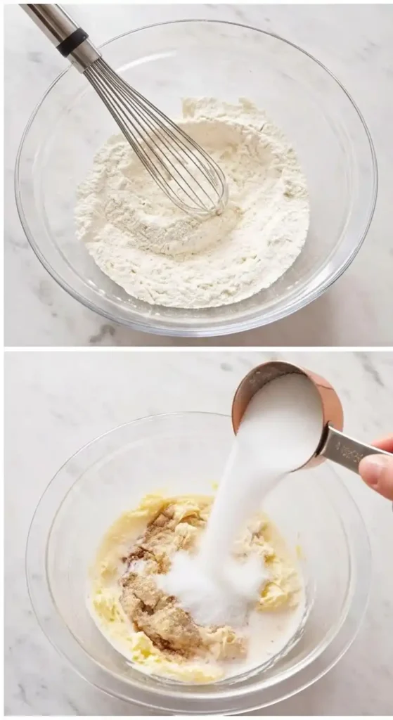 Préparation d'un gateau cookie : En haut, un bol en verre contient de la farine avec un fouet. En bas, une main verse du sucre dans un bol contenant du beurre, du sucre brun et de l'extrait de vanille, étape initiale pour la pâte d'un délicieux gateau cookie.