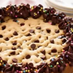 Délicieux gateau cookie décoré : Gros plan d'un gateau cookie rond orné de pépites de chocolat et de décorations de ganache au chocolat avec des vermicelles colorés, prêt à être dégusté pour une occasion spéciale.