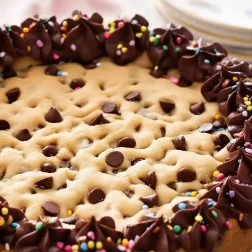 Délicieux gateau cookie décoré : Gros plan d'un gateau cookie rond orné de pépites de chocolat et de décorations de ganache au chocolat avec des vermicelles colorés, prêt à être dégusté pour une occasion spéciale.