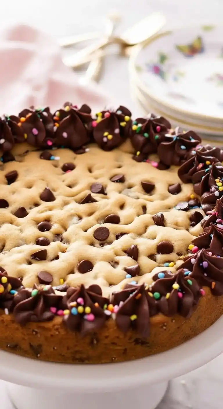 Délicieux gateau cookie décoré : Gros plan d'un gateau cookie rond orné de pépites de chocolat et de décorations de ganache au chocolat avec des vermicelles colorés, prêt à être dégusté pour une occasion spéciale.