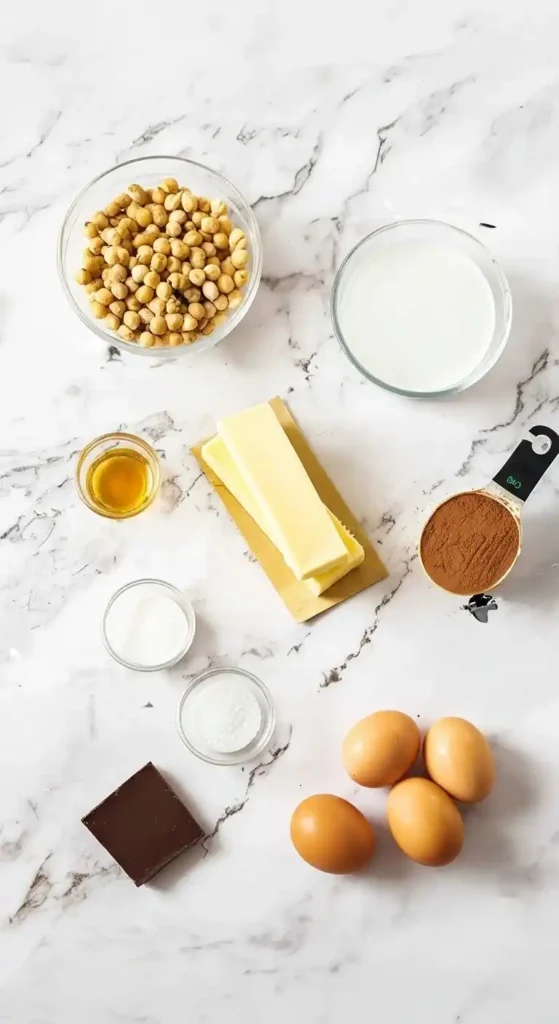 Image d'ensemble des ingrédients nécessaires à la préparation d'un gateau creusois, présentés sur un plan de travail en marbre.