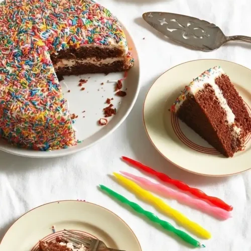 Gros plan sur une table dressée pour un anniversaire, mettant en valeur un magnifique gâteau au chocolat avec un décor gâteaux coloré de vermicelles arc-en-ciel.