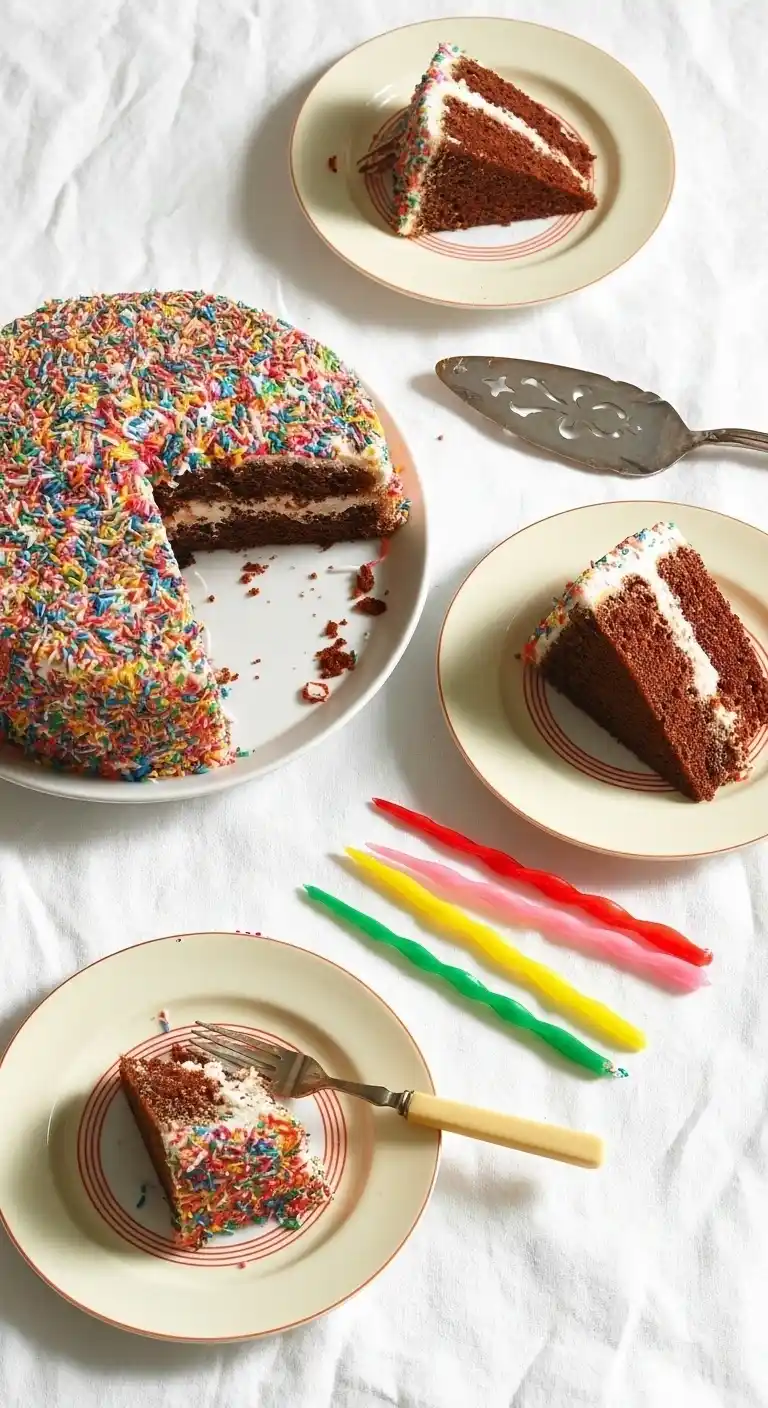 Gros plan sur une table dressée pour un anniversaire, mettant en valeur un magnifique gâteau au chocolat avec un décor gâteaux coloré de vermicelles arc-en-ciel.
