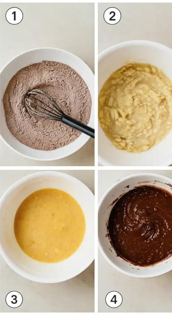 Les étapes de préparation d'un choco banane gateau : (1) mélange des ingrédients secs comme le cacao, (2) préparation des bananes écrasées, (3) mélange des ingrédients humides avec les bananes, et (4) la pâte finale prête à être cuite."