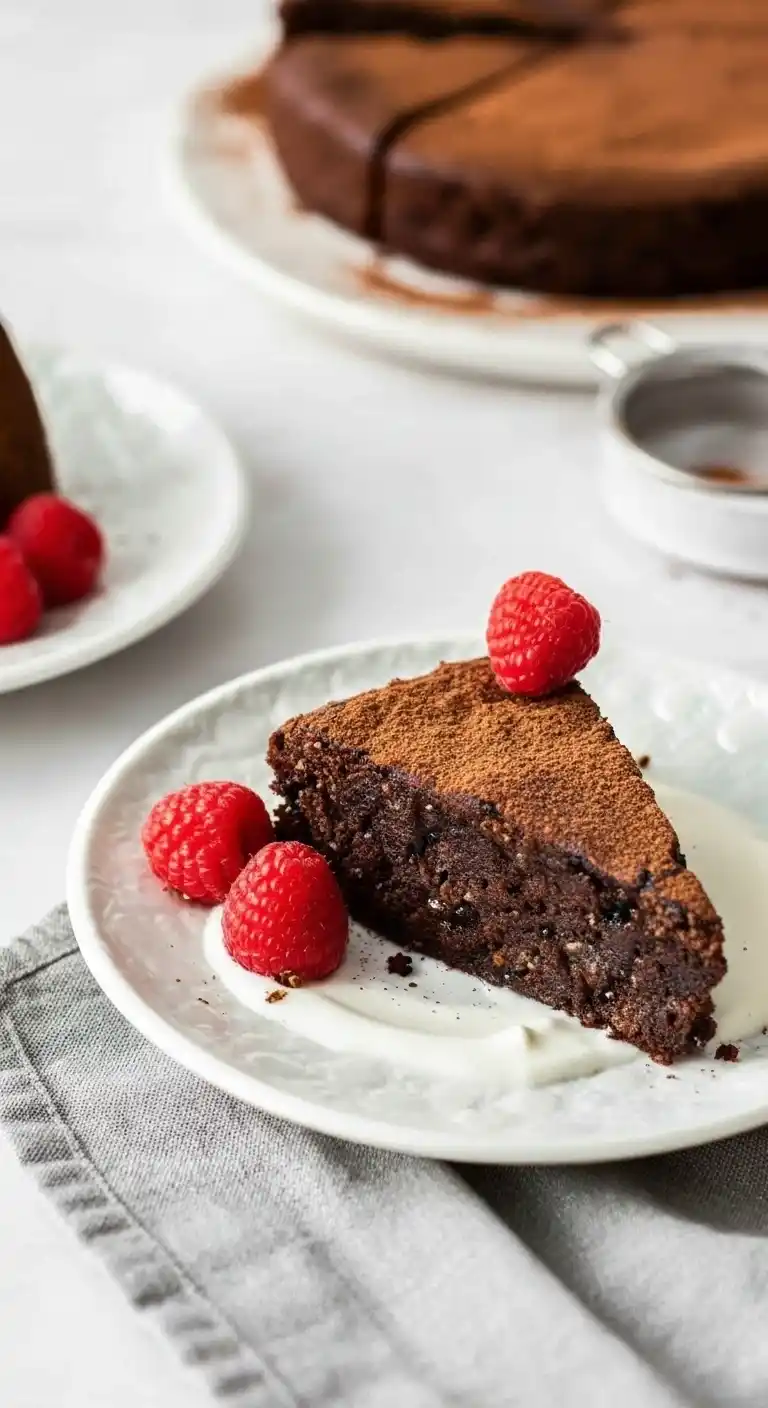 Une part de gateau creusois au chocolat présentée avec des framboises fraîches, pour une dégustation gourmande.