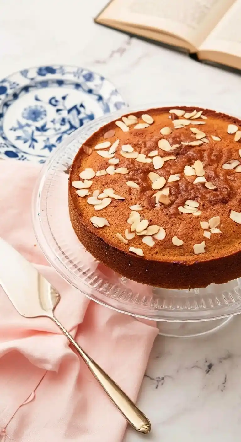 Un délicieux gâteau doré aux amandes, servi sur un présentoir à gâteau en verre avec un fond de livre ouvert et d'assiette décorative, évoquant la douceur et le plaisir d'un gateau au miel parfait.