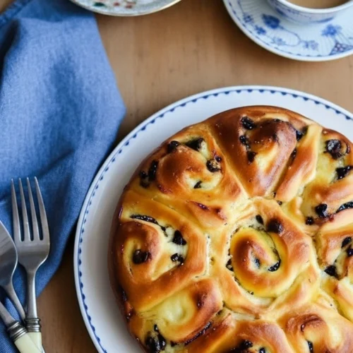 Nature morte d'un appétissant chinois gateau aux pépites de chocolat, disposé sur une assiette blanche bordée de motifs bleus. Une serviette en lin bleu et deux fourchettes anciennes à manche ivoire complètent la composition. Deux tasses de thé au lait dans de la vaisselle assortie ajoutent une touche de convivialité à cette scène gourmande mettant en valeur le chinois gateau.