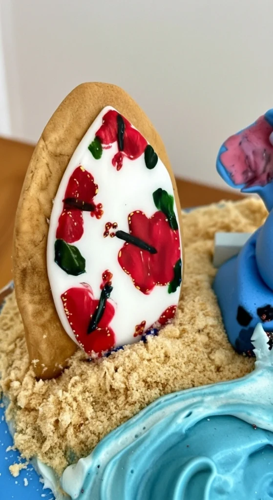 Un gros plan d'un gâteau Stitch décoré avec un motif hawaïen, comprenant un biscuit en forme de planche de surf orné de fleurs rouges d'hibiscus, de sucre imitant le sable, et de glaçage bleu clair représentant des vagues.