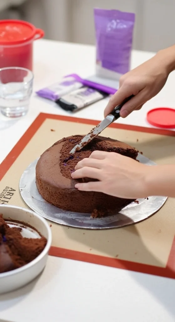 Préparation d'un gâteau Spiderman: un gâteau au chocolat sculpté est posé sur un tapis de cuisson orange à côté d'un couteau, de restes de gâteau et de décorations.