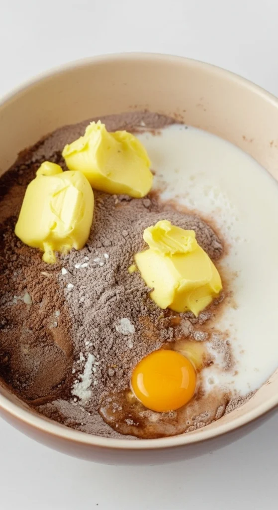 Un plan rapproché du dessus d'un grand bol en céramique beige rempli d'ingrédients non mélangés pour la préparation d'un gâteau des écoliers. On voit de la poudre de cacao, des morceaux de beurre jaune non fondu, un œuf cru et un liquide blanc crémeux, probablement du lait, le tout prêt à être mélangé.