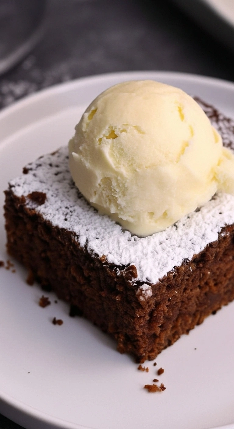 Un délicieux gateau au nesquik moelleux, saupoudré de sucre glace et garni d'une boule de glace crémeuse sur une assiette blanche.